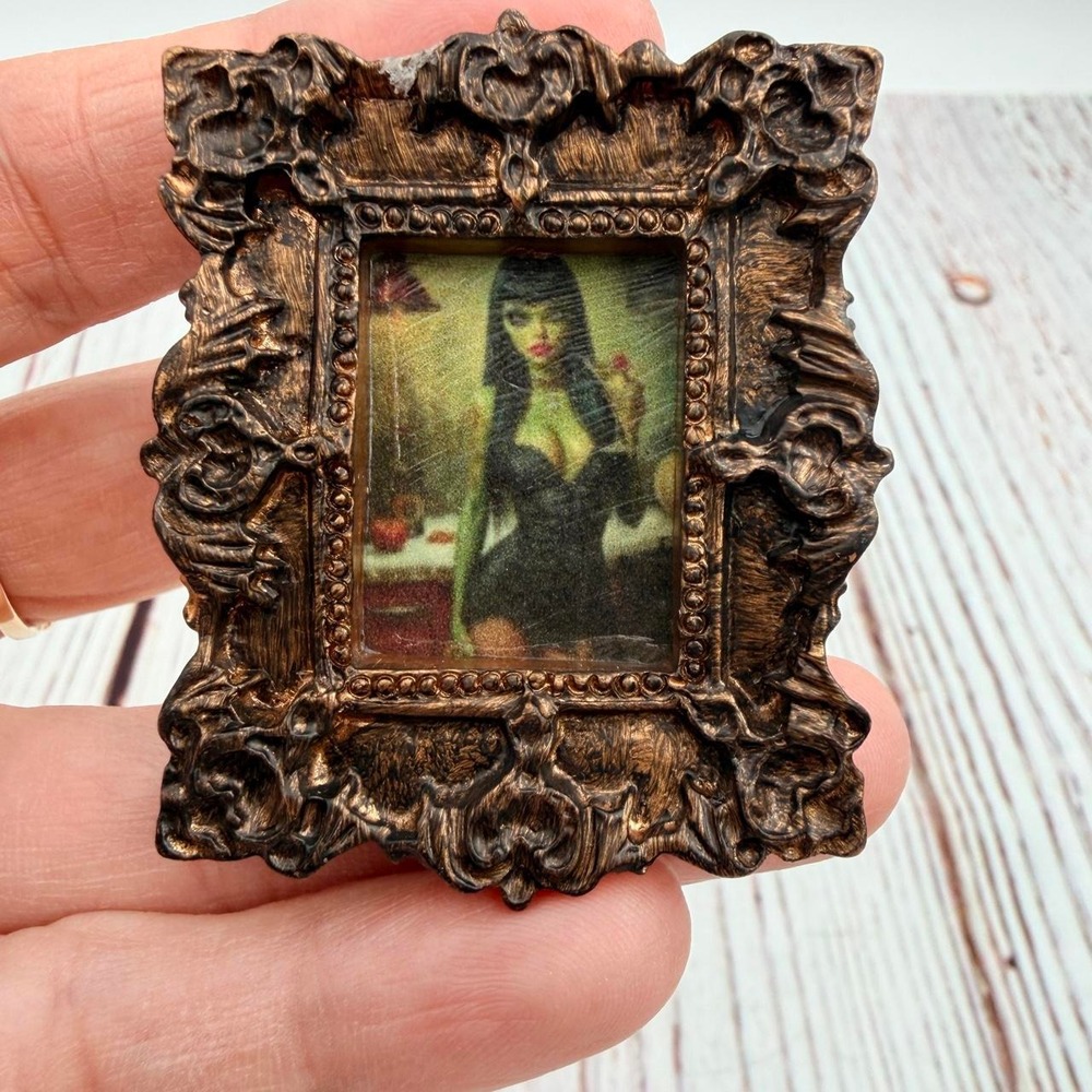 Mini Gothic Portrait Magnet Ornate Bronze Frame Reptilian Green Dress Art